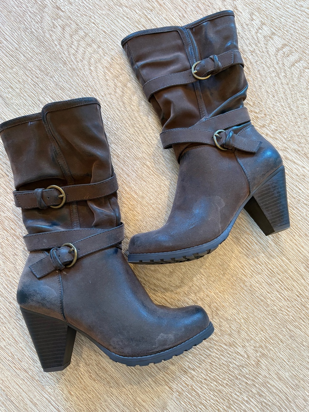 Faux Leather Distressed Brown Mid-Calf Heeled Boot with Buckle Straps